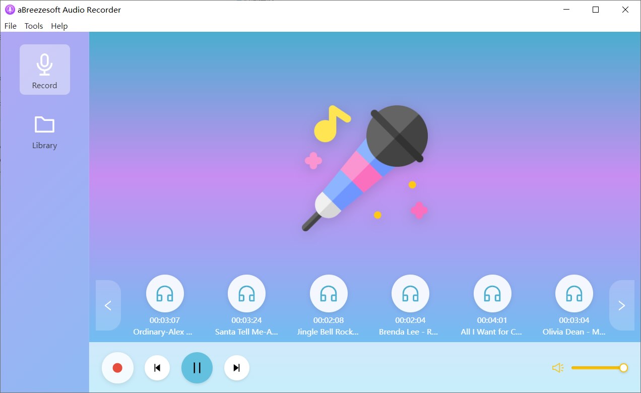 Oberfläche des aBreezeSoft Audio Recorders mit Wellenform-Erfassung, Echtzeit-Pegeln und Bedienelementen für hochwertige Spotify-Audioaufnahmen.