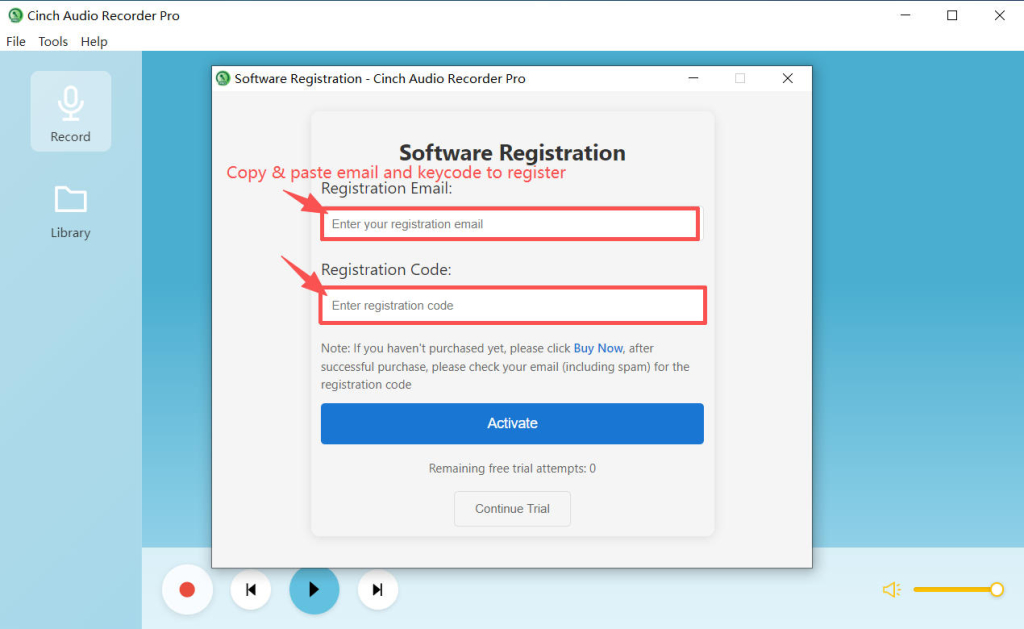Entrer le code de licence et l'e-mail