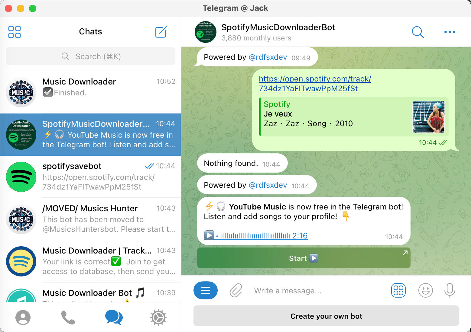 Screenshot of a Spotify Telegram downloader bot showing maintenance errors and failed Spotify link parsing in the chat window.